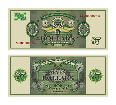 Vector vintage souvenir banknote. Obverse and reverse. 7 US dollars. Annapolis, Maryland state. Guilloche patterns and mesh. United States of America. Seals, ribbon and denomination. American money