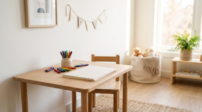 Bright modern children's art corner featuring a wooden table with colorful crayons and sketchbook, minimalist interior design with natural lighting