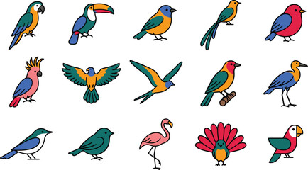 Fototapeta premium A colorful vector collection of various exotic and common birds including parrots, toucans, flamingos, and songbirds in a clean minimalist style isolated on a solid white background