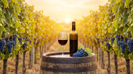 Naklejka premium Glass of red wine and a bottle of wine stand on an old oak barrel against the backdrop of vineyards in the evening sunset.
