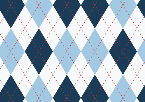 Blue and white argyle pattern with red stitch details