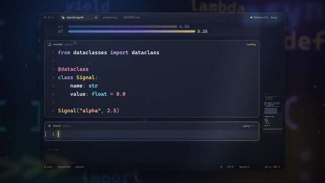 Python Programming Code Being Typed Inside Dark Glass Code Editor With Output