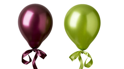 Metallic dark purple and lime green balloons with matching satin ribbons © Theodore