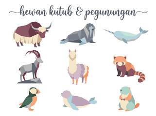 Fototapeta premium Collection of various polar and mountain animals in a flat vector illustration style.