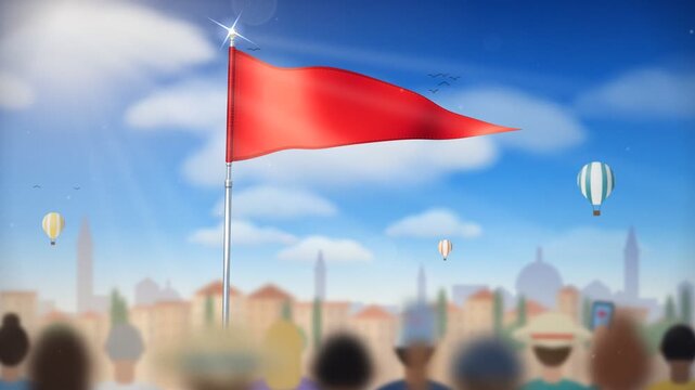 Red pennant flag waving gently in the wind above a tourist crowd under sunny sky