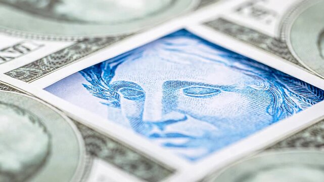 Close-up video of Brazilian one hundred real banknote moving over American one hundred dollar bills, representing currency exchange, international finance, foreign trade, economic relations between Br