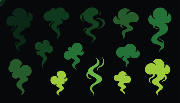 Collection of green stinky fart clouds and smoke puffs provides funny cartoon odor visual elements.