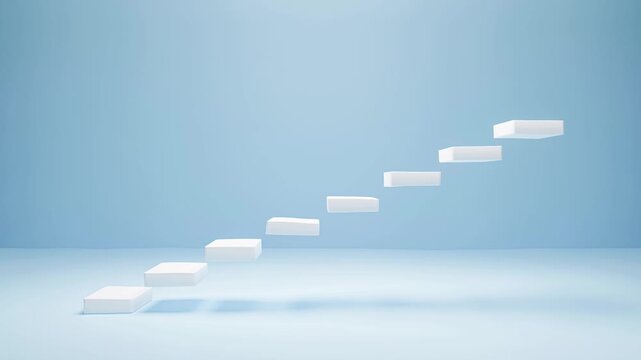 Minimalist White Floating Steps Rising on Soft Blue Background 3D Animation