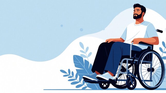 Young bearded man sits in wheelchair looking forward. Disabled person uses mobility aid in modern style. Illustration shows confident man with physical disability. Concept of independence,