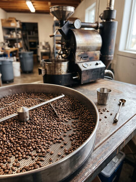 Freshly roasted coffee beans cooling on a stainless steel cooling tray in a small batch coffee roastery with a vintage roasting machine