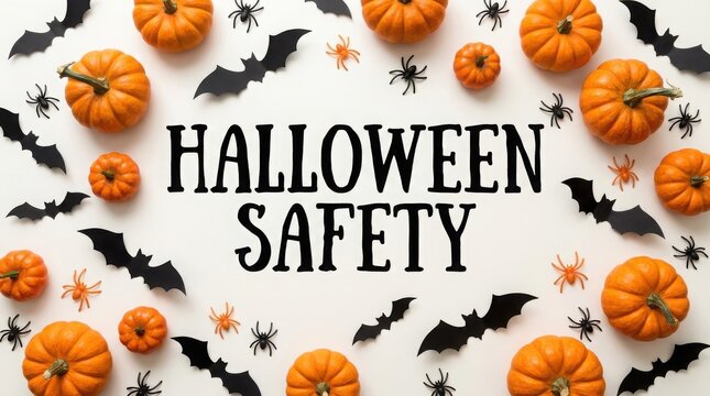 Halloween safety concept with pumpkins, bats, and spiders isolated on white background