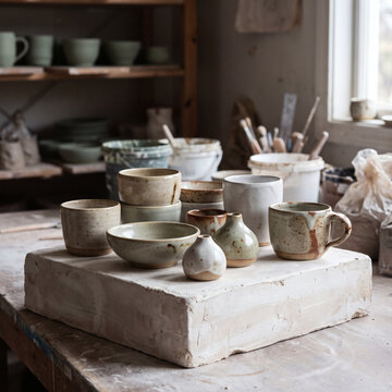 Handmade ceramic pottery collection with stoneware mugs, bowls, and small vases on a plaster block in an artisan pottery studio, soft window light