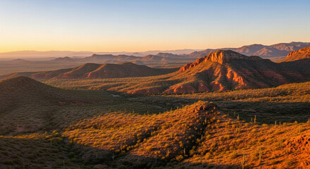 Naklejka premium Golden sunlight illuminates the vast Sonoran desert landscape during the peaceful dusk hours while rugged peaks and distant mesas create an expansive view across the arid terrain of Arizona
