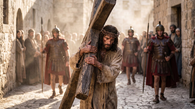1st-century historical reenactment of Jesus carrying the heavy wooden cross on a stone street in Jerusalem, escorted by Roman soldiers