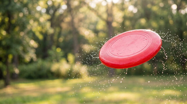 Red Flying Frisbee with Water Droplets Outdoors