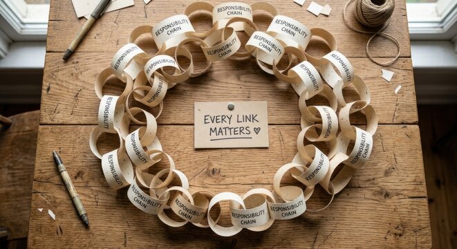 Interconnected Accountability Chain Formed From Paper Links On A Wooden Surface
