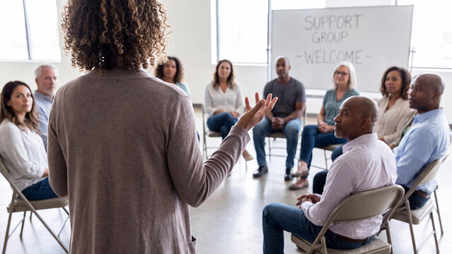 Support group meeting with people sitting in circle for group therapy, community discussion, mental health counseling, peer support, recovery session, and emotional sharing