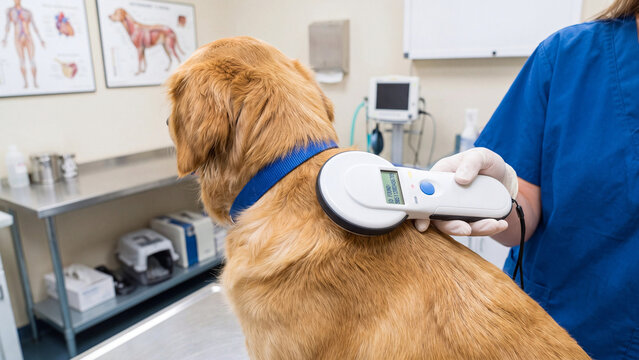 Veterinarian scans dog microchip at vet clinic for pet identification, animal health care, lost pet recovery, veterinary checkup, and pet registration