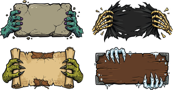 Fantasy rpg ui frame collection featuring stone tablet held by zombie hands ripped fabric skeleton bones scroll parchment and frozen wooden sign