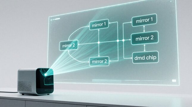 Laser projector shows holographic flowchart on wall. Tech device displays 3D diagram with mirror components, dmd chip. Digital visualization of optical system for business meeting science