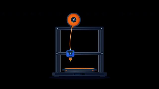 Flat vector desktop 3D printer with oscillating extruder nozzle and rotating filament spool in seamless loop on transparent background.