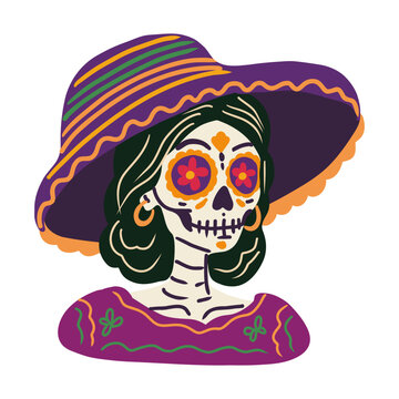 La Catrina vector illustration for Day of the Dead isolated on white background.