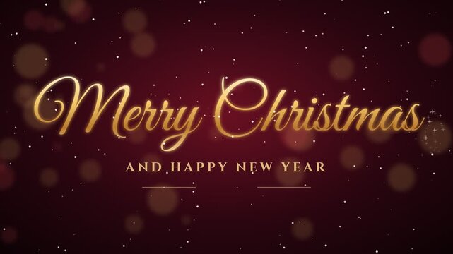Elegant holiday greeting with glowing golden text on a dark red bokeh background featuring sparkling particles. Perfect for Christmas and New Year celebrations.