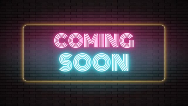 Vibrant pink and cyan neon sign with 'COMING SOON' text on a dark brick wall. Ideal for movie trailers, event announcements, and promotional teaser videos.