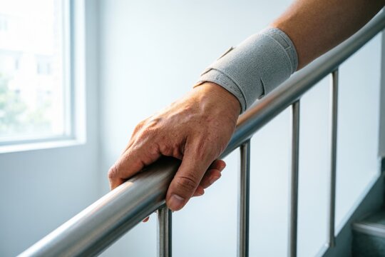 Mano aferrada a un pasamanos de acero inoxidable cepillado a lo largo de una escalera luminosa; los nudillos, ligeramente tensos por el esfuerzo