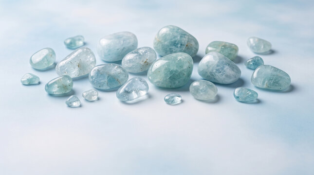 Light Blue Aquamarine Gemstones Scattered on White