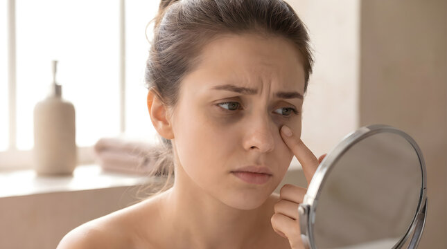 Young woman looking in a bathroom mirror with concern while checking her face for dark circles under eyes fatigue or skin aging problems at home   