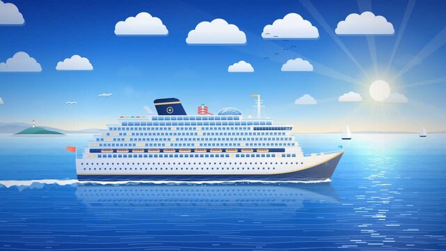 Luxury Cruise Ship Sailing on Calm Blue Ocean Under Sunny Sky