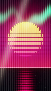 Vertical retrowave synthwave sunset grid and aurora borealis background