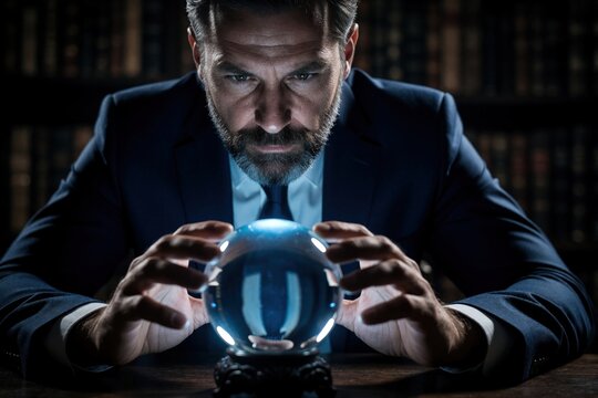 Serious businessman in suit looks into glowing crystal ball in dark library. Male pro uses magic sphere for future prediction, strategic vision. Focused leader contemplates success, mystery, destiny