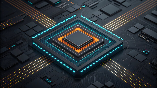 Sophisticated AI microprocessor on dark circuit board with glowing cyan and orange connections, conveying advanced computing power and precision