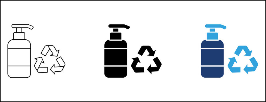 Recyclable cosmetic bottle icon set featuring outline, solid, and duotone styles for sustainable beauty and eco-friendly packaging graphics.