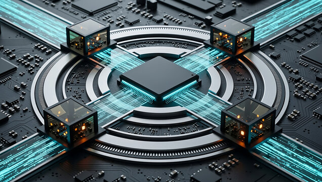 Sophisticated AI microprocessor connecting four data modules through luminous circuits, creating precise and advanced computing network dark