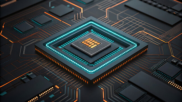 Sophisticated AI microprocessor on dark circuit board, glowing cyan and orange traces create precise high tech scene with central processing chip