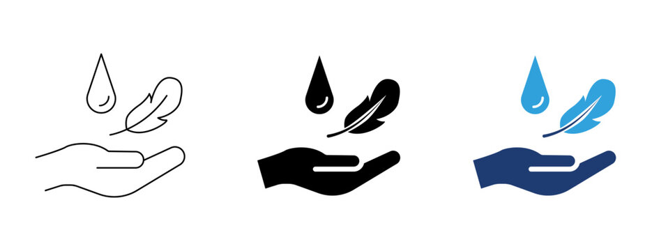 Gentle care icon set with hand, feather, and water drop in outline, solid, and duotone styles for sensitive skin and dermatology graphics.