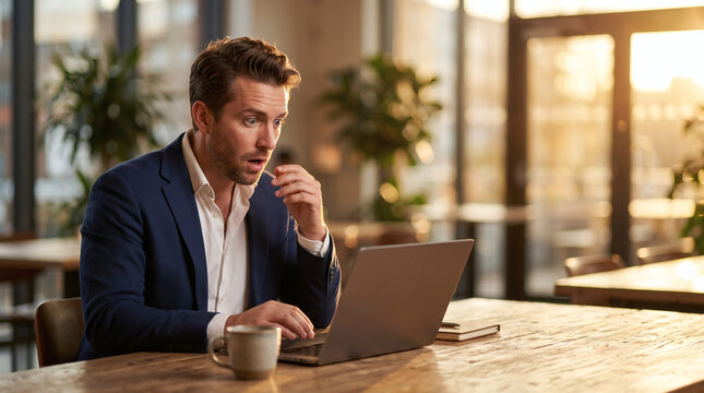 shocked businessman gasping at laptop screen in warm golden hour light surprised professional reacting to internet news commercial