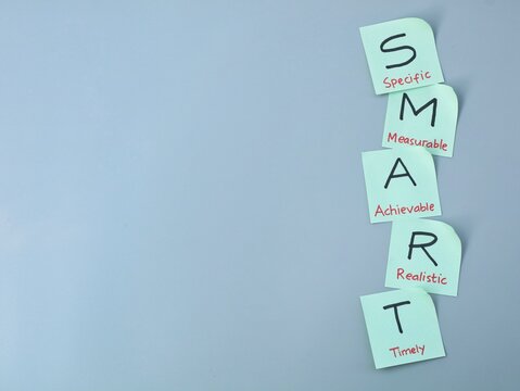 SMART goals concept handwritten on green adhesive notes vertically with specific, measurable, achievable, realistic, and timely text on grey background with copy space for business planning strategy