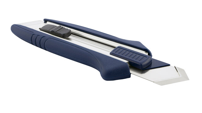 Blue retractable utility knife with sharp metal blade and plastic handle