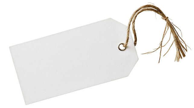 Blank white rectangular paper price tag with brown jute twine string loop