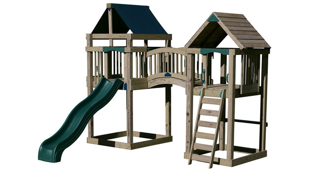 Wooden backyard playground set with two towers bridge ladder and green slide