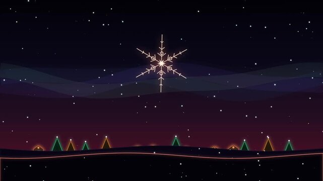 Minimalist Christmas snowflake illustration with glowing stars and stylized pine trees in a dark winter night landscape for star and tree Projects holiday vector sky snow flat