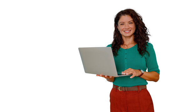 Woman holding a laptop and smiling, representing business, communication, and connectivity. Transparent background