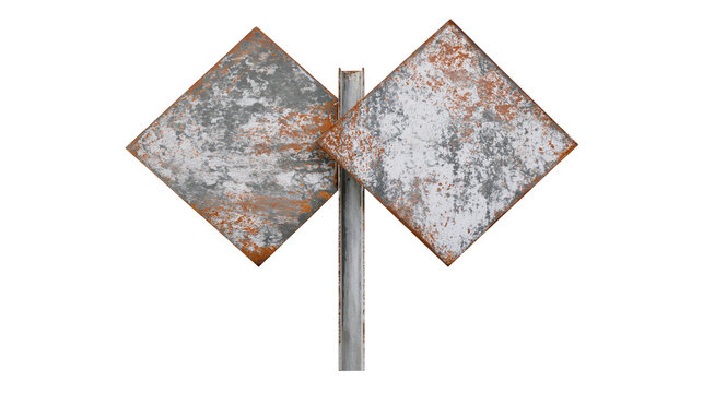 Two weathered diamond shaped metal road signs on a rusted steel post