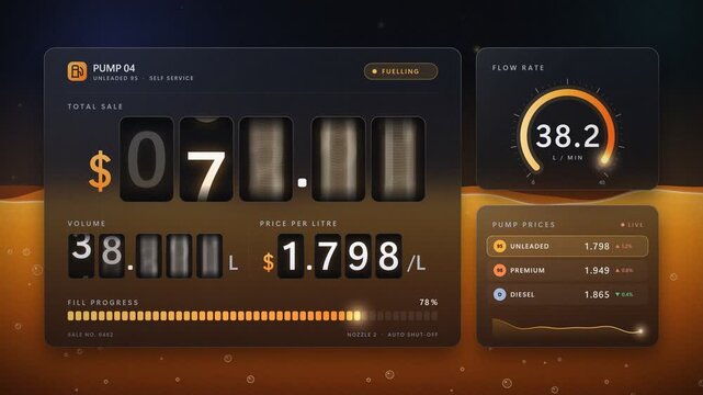 Fuel Price Counter Gas Station Pump Display Rolling Digits Total Sale Volume Flow Gauge 4K Loop