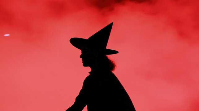 A witch in silhouette wearing a pointed witch hat and a dark cloak