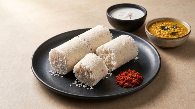 Traditional Sri Lankan Pittu served with Dhal Curry, Coconut Milk and Spicy Sambol